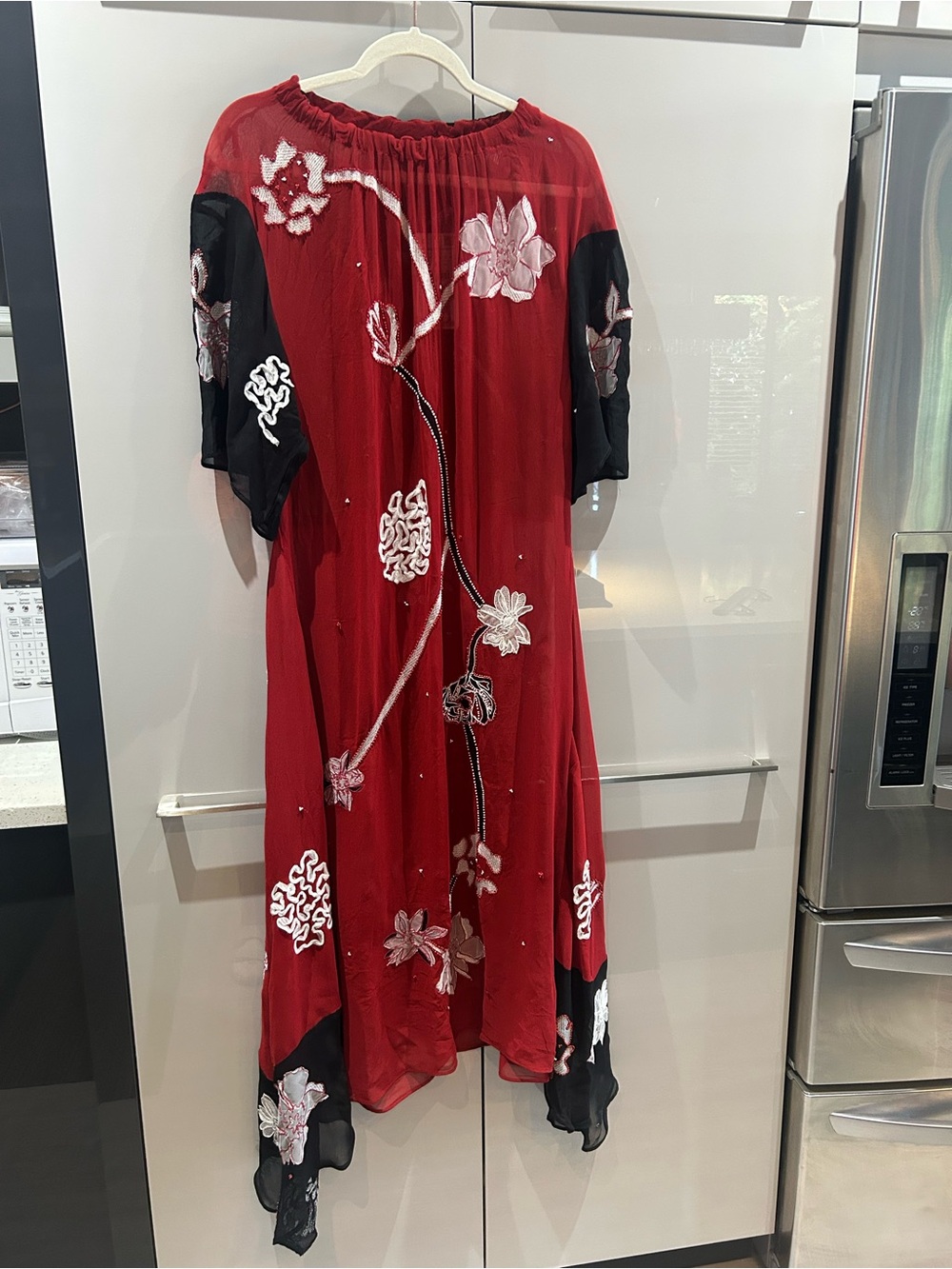 Zara Woman Red Floral Midi Dress with Black Sleeve Accents